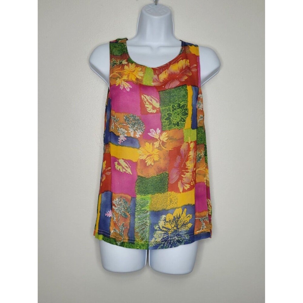 Carol Little pink yellow blue patchwork mixed print semi sheer top size medium